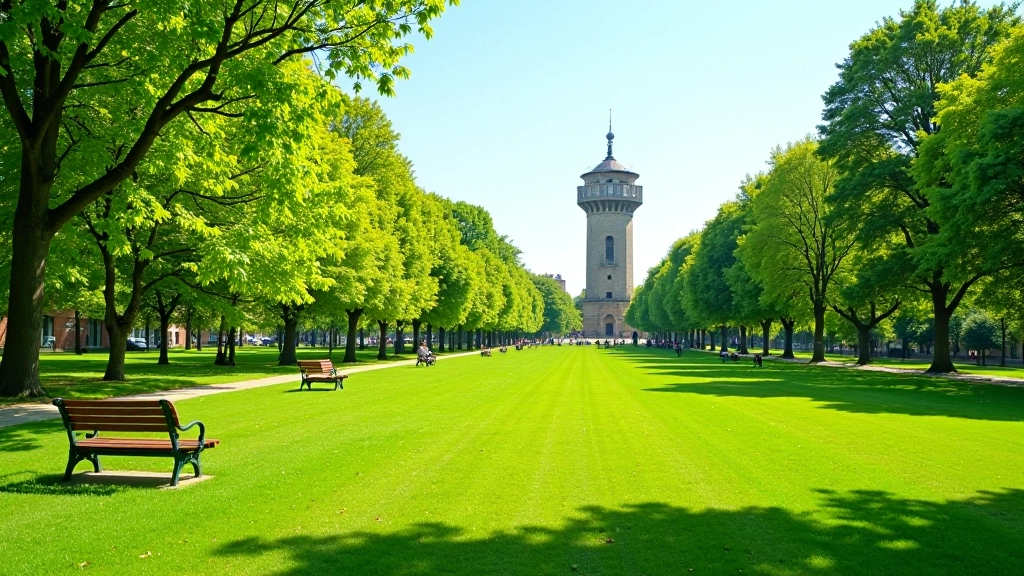 Spokojny Park Jordana z bujną zielenią, wieżą obserwacyjną i drewnianymi ławkami