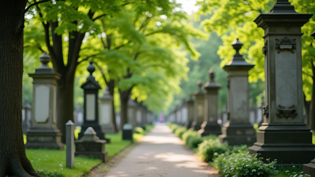 Widok Cmentarza Rakowickiego z zabytkowym nagrobkami i zielenią
